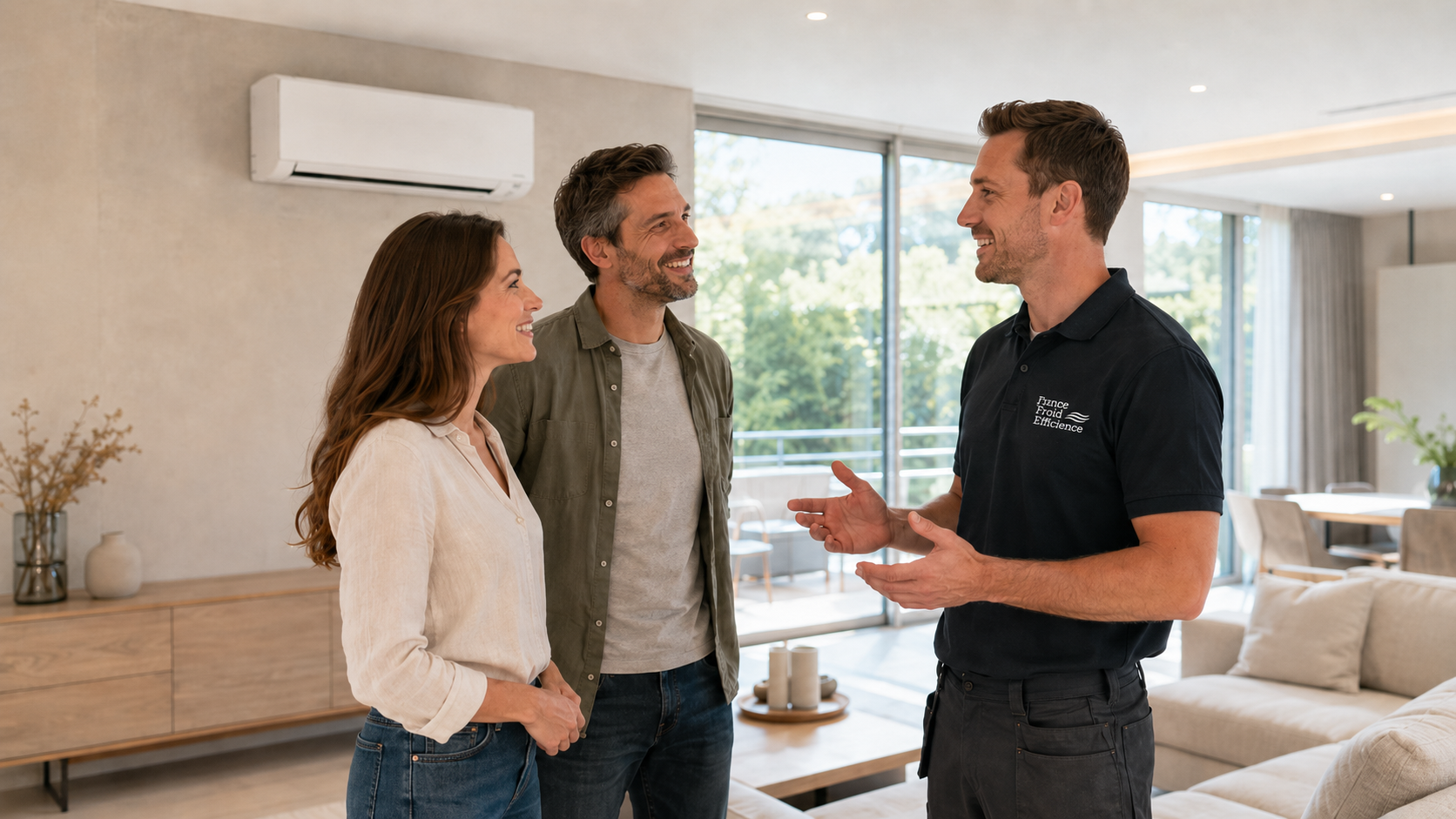 Conseiller France Froid Efficience échangeant avec un couple dans un salon climatisé
