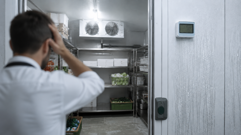 Restaurateur inquiet face à une panne de chambre froide